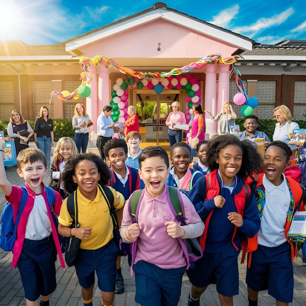 School children holding hands and going to school together