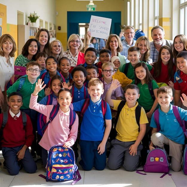 School children holding hands and going to school together