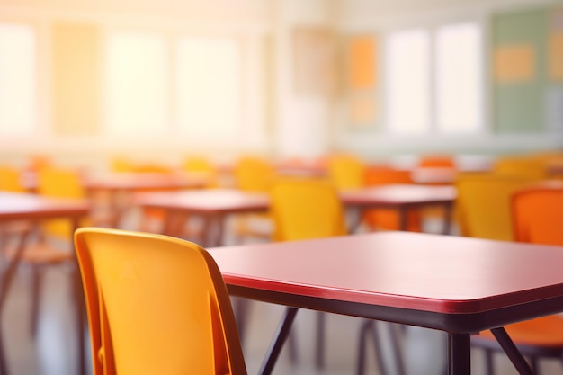 School classroom in blur background without young student Blurry view of elementary class room no kid or teacher with chairs and tables in campus Back to school concept