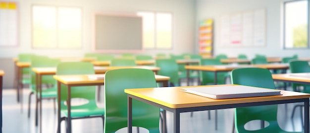 School classroom in blur background without young student Blurry view of elementary class room no kid or teacher with chairs and tables in campus Back to school concept