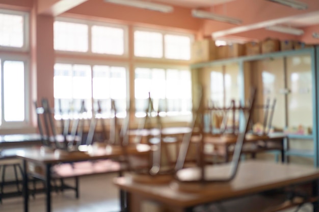 School classroom in blur background without young student Blurry view of elementary class room no kid or teacher with chairs and tables