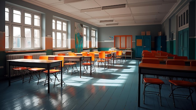 School classroom empty colorful positive AI generated