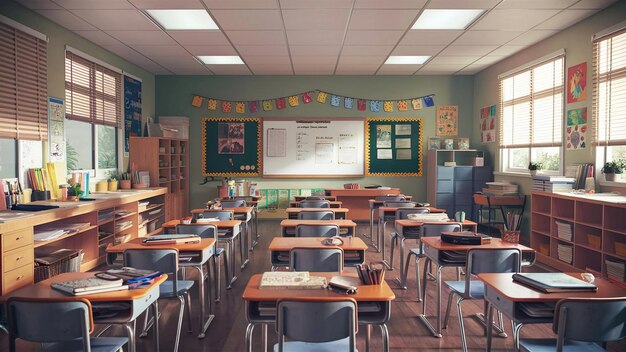 school classroom photo bright room desks back to school