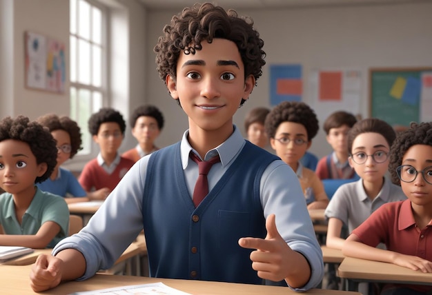 a school classroom with a boy wearing a blue shirt and a tie