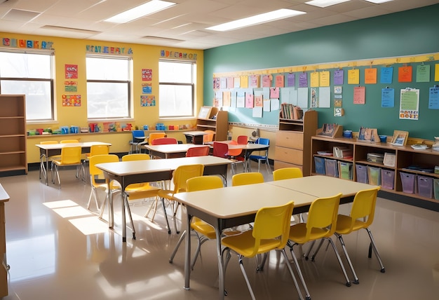 A school classroom with colorful chairs and tables for children