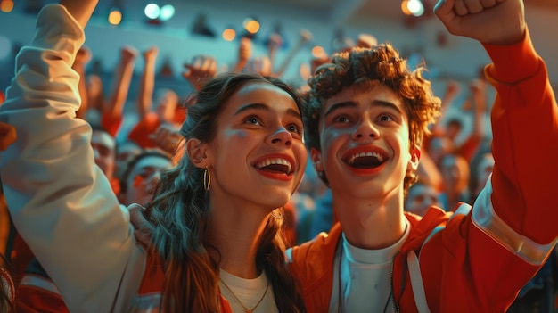 School couple sports event cheering together in the stands