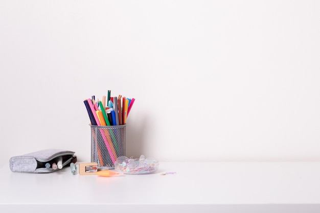 School desk in modern style on white background. Home education.Modern decor. Mock up.