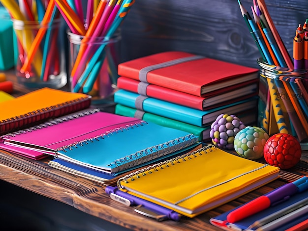 School desk setup with new notebooks and organized stationery items