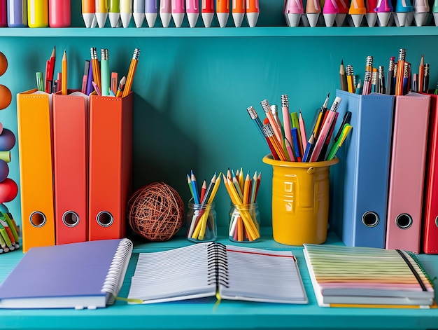 School desk setup with new notebooks and organized stationery items