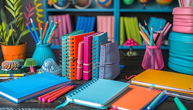 School desk setup with new notebooks vibrant materials and organized gear