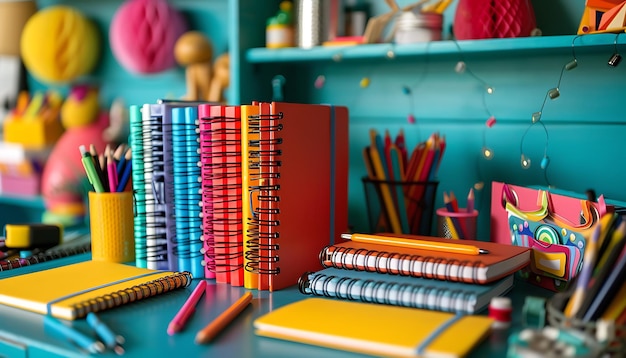 School desk setup with new notebooks vibrant materials and organized gear