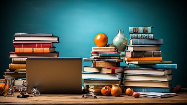 School desk with bag and school accessory on blue background with copy space