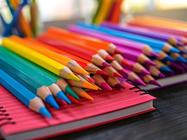 School desk with a fresh set of notebooks and colorful pencils