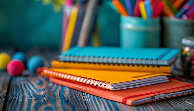 School desk with new notebooks and tidy backtoschool supplies