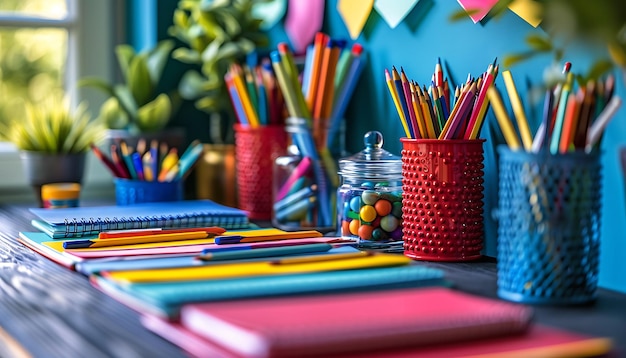 School desk with organized supplies and vibrant educational materials