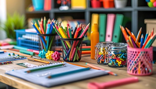 School desk with organized supplies and vibrant educational materials