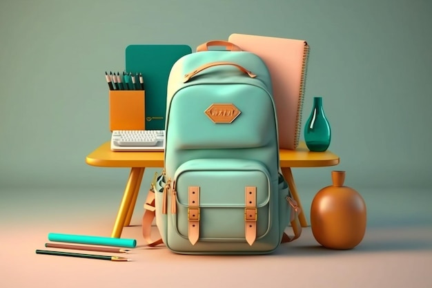 School desk with school accessory and backpack on a colored background