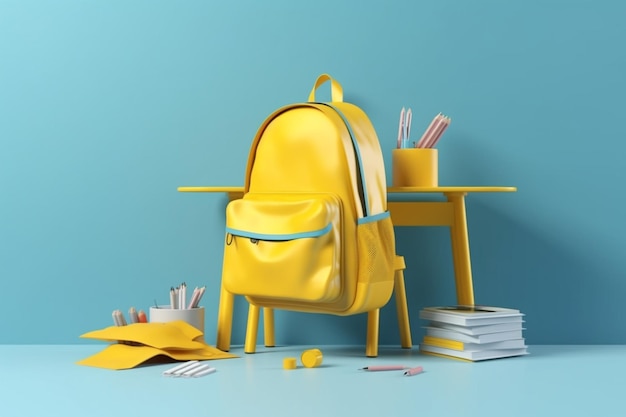 School desk with school accessory and yellow backpack on blue background 3D Rendering 3D Illustrati