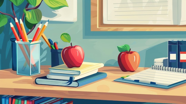 Photo school desk with supplies and apples a closeup illustration of a school desk with textbooks pens pencils and apples showcasing a scene of learning and preparation