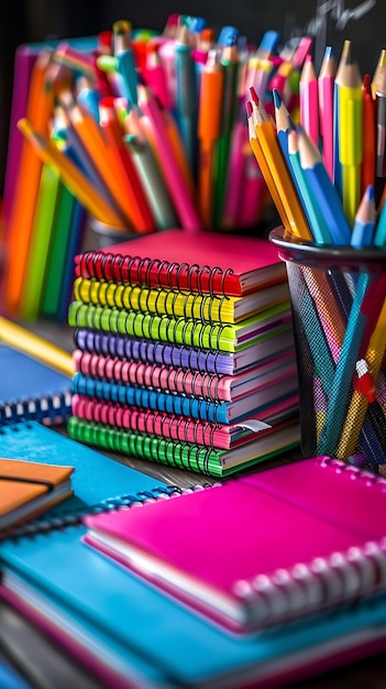 School desk with vibrant backtoschool supplies including notebooks