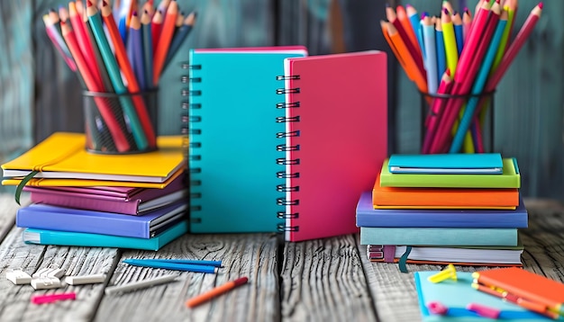 School desk with vibrant new notebooks and neatly organized supplies