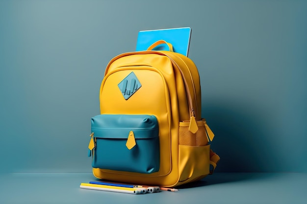 A school desk with a yellow bag and a school accessory on a blue background