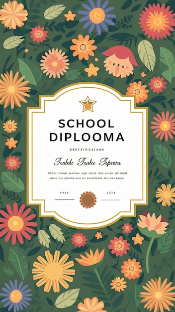 School diploma certificate for children and students with floral pattern cartoon style