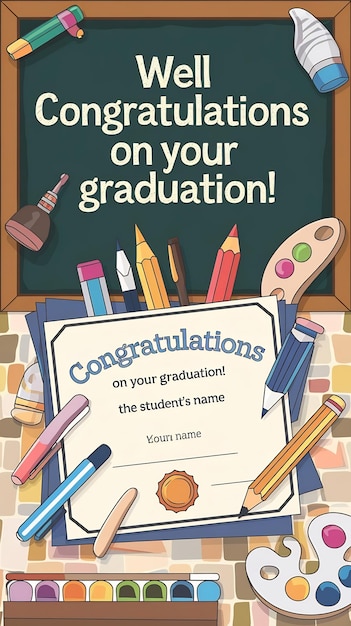 Photo school diploma certificate for children and students with stationery and art supplies cartoon styl