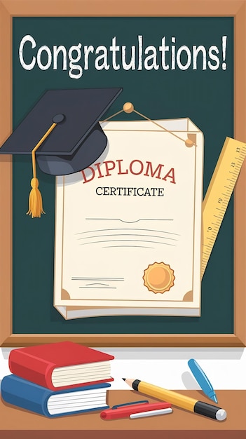 Photo school diploma certificate for children and students with stationery and art supplies cartoon styl