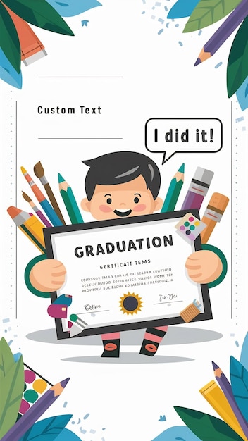 School diploma certificate for children and students with stationery and art supplies cartoon styl