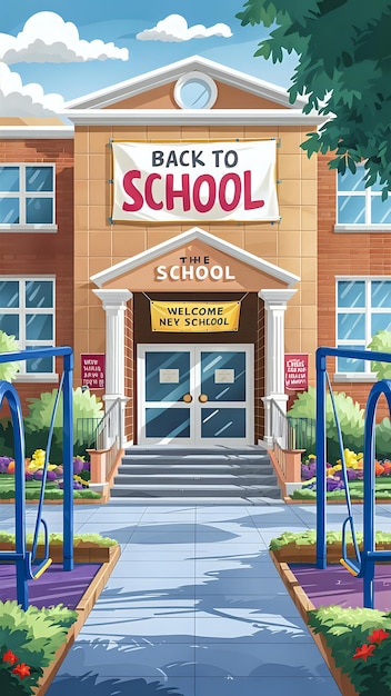 School Entrance with Back to School Banner