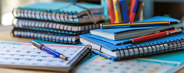 School essentials including pens notebooks and a calendar on desk