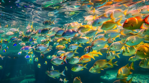 Photo a school of fish is surrounded by a large group of fish