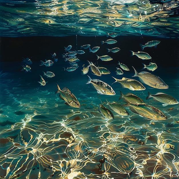 Photo a school of fish swimming on the surface of clear water