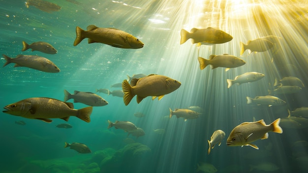 A school of fish swimming underwater bathed in light rays filtering through the ocean surface depicting a serene aquatic scene