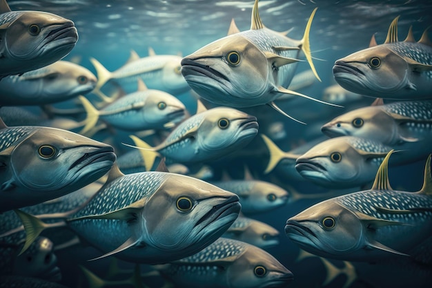 School of fishes with blue water background AI Generation