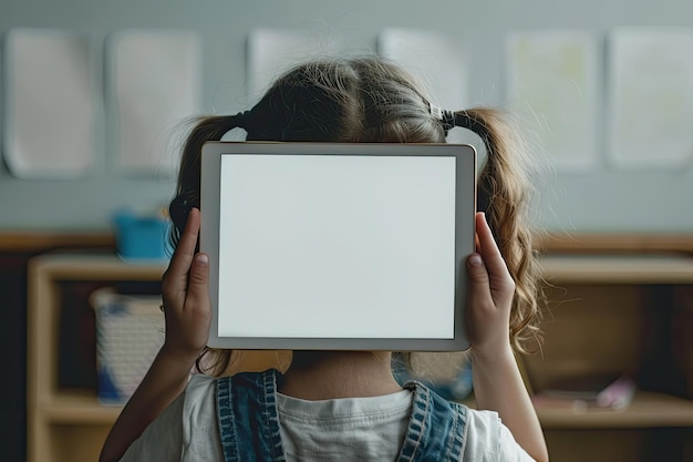 Photo school girl and copy space digital device