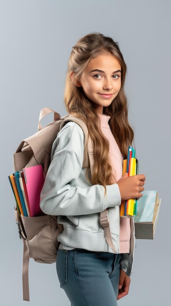 School girl with backpack and textbook looking at you from behind on white background