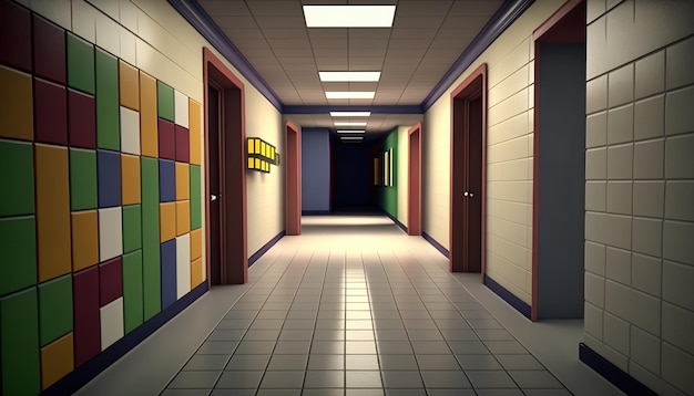 A school hallway with tiles on the floor