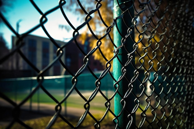 A school is seen through a chain link fence