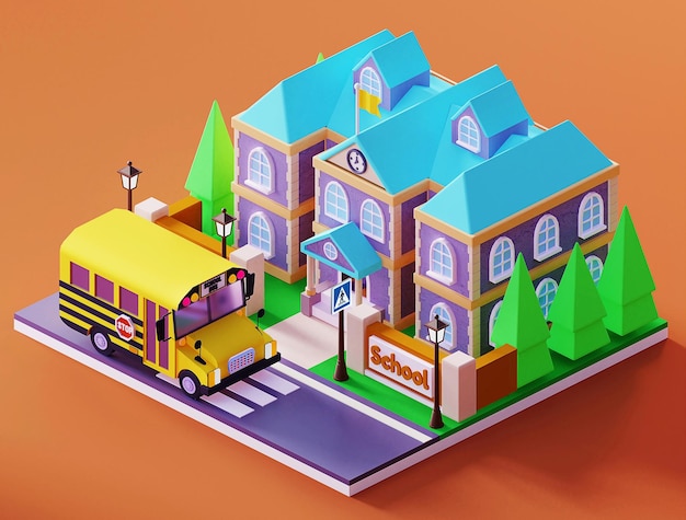 School isometric composition including school bus 3D illustration