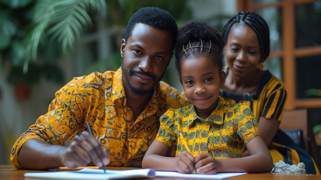 School kid is doing a homework with parents