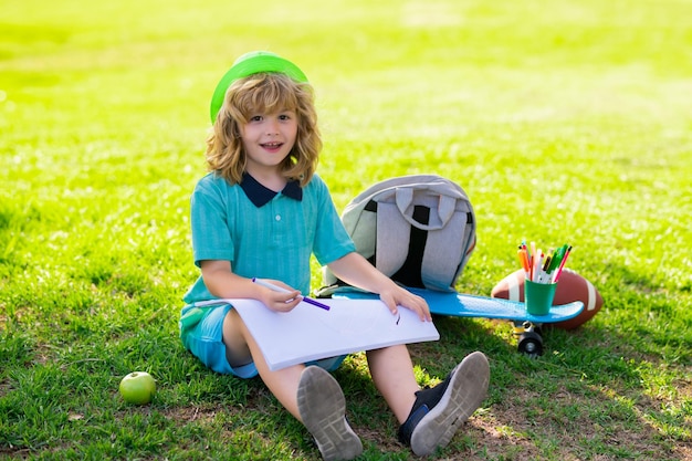 School kids drawing in summer park painting art little painter draw pictures outdoor