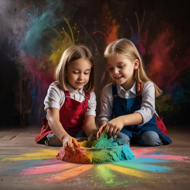 Photo school kids having fun with colorful chalks artistic equipment and hand shadows color powder in the glass bowls on the cardboard