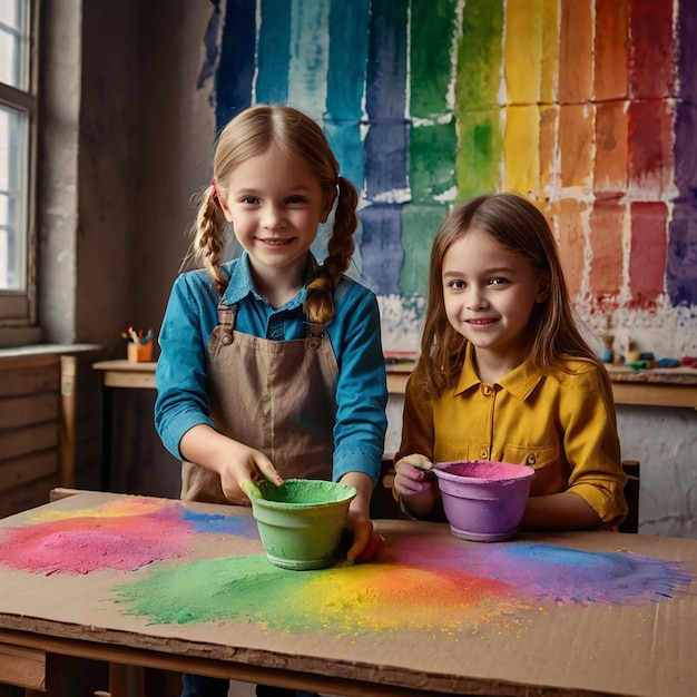 Photo school kids having fun with colorful chalks artistic equipment and hand shadows color powder in the glass bowls on the cardboard