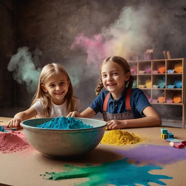 Photo school kids having fun with colorful chalks artistic equipment and hand shadows color powder in the glass bowls on the cardboard