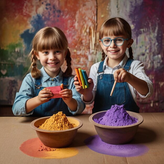 Photo school kids having fun with colorful chalks artistic equipment and hand shadows color powder in the glass bowls on the cardboard