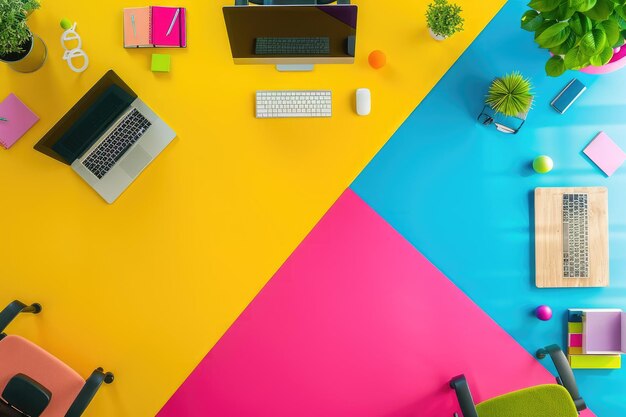 Photo school office on a colored background top view office office student office