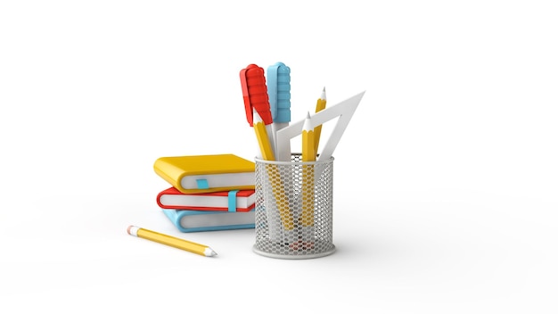 School and office set. Stand for stationery, pencils, marker, ruler, pencil, notepad, books. 3d