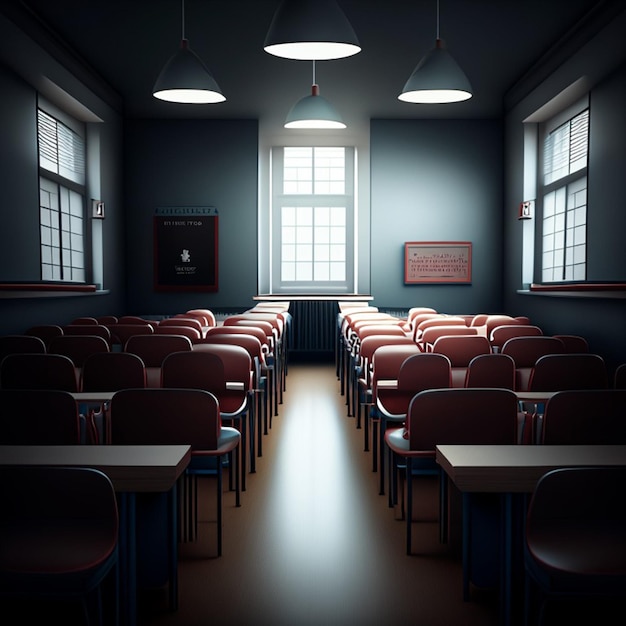 School to school classroom with chairs desks and chalkboard without student